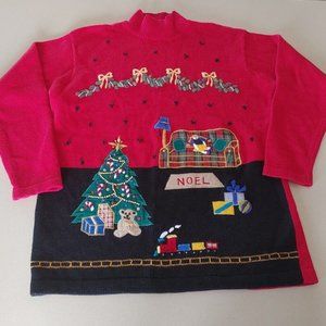 Vintage OHI Christmas Sweater Ugly Mock Turtleneck Pullover 3D Gift Tree Train M